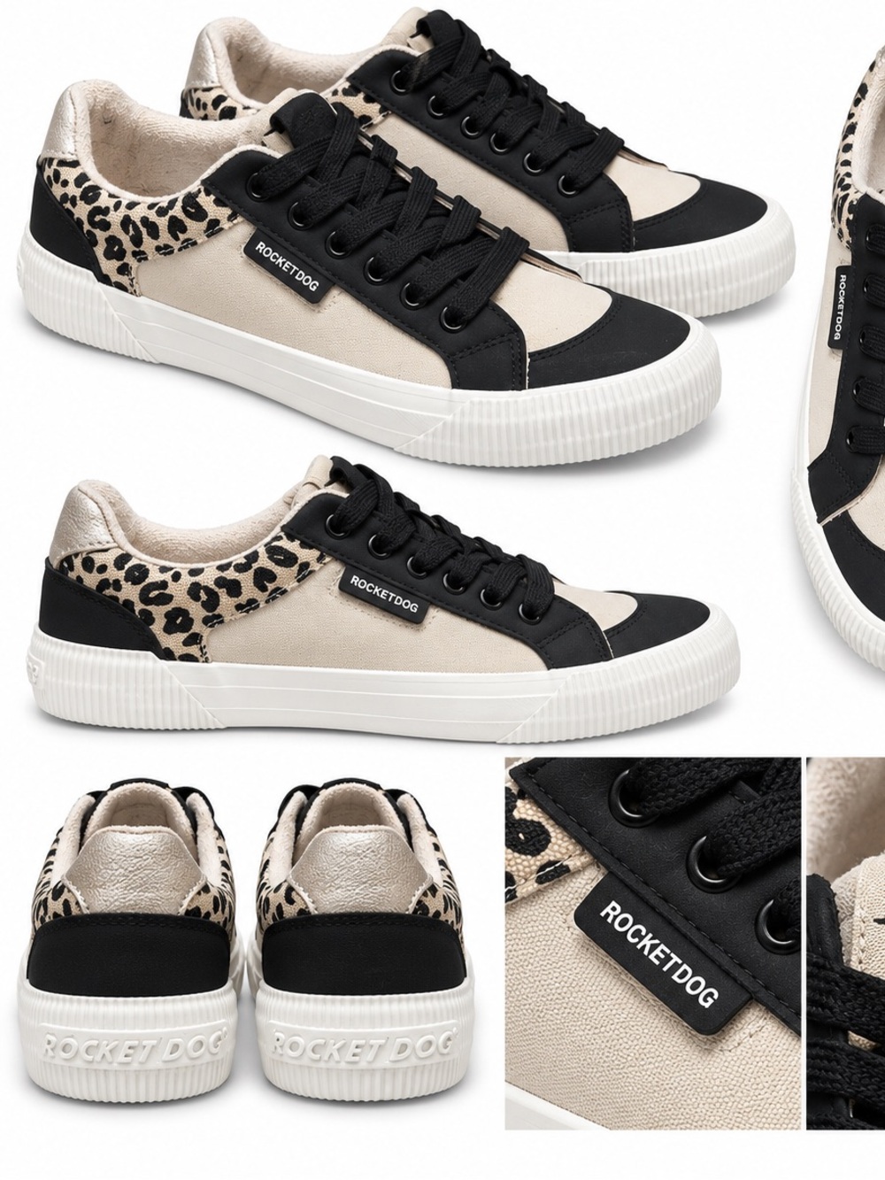 Rocket Dog Beige and Black Low-Top Sneakers with Leopard Accent